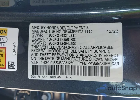2024 Honda Accord Ex z USA, uszkodzony, nr VIN 1HGCY1F3XRA031259